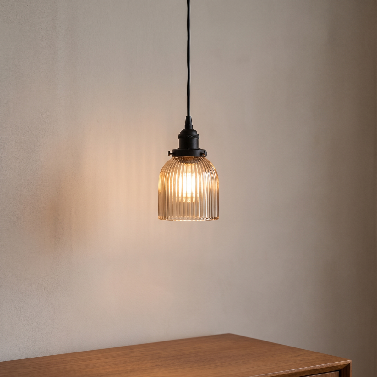 Dewvel brand image, black iron ribbed glass pendant light