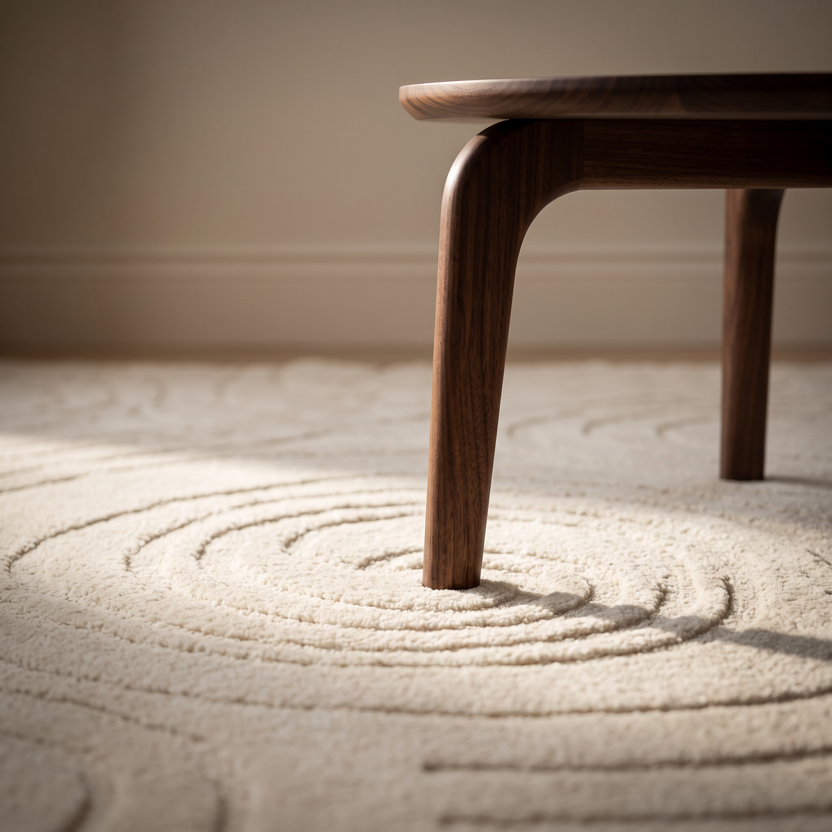 Dewvel brand image, ivory wool rug with dark walnut side table