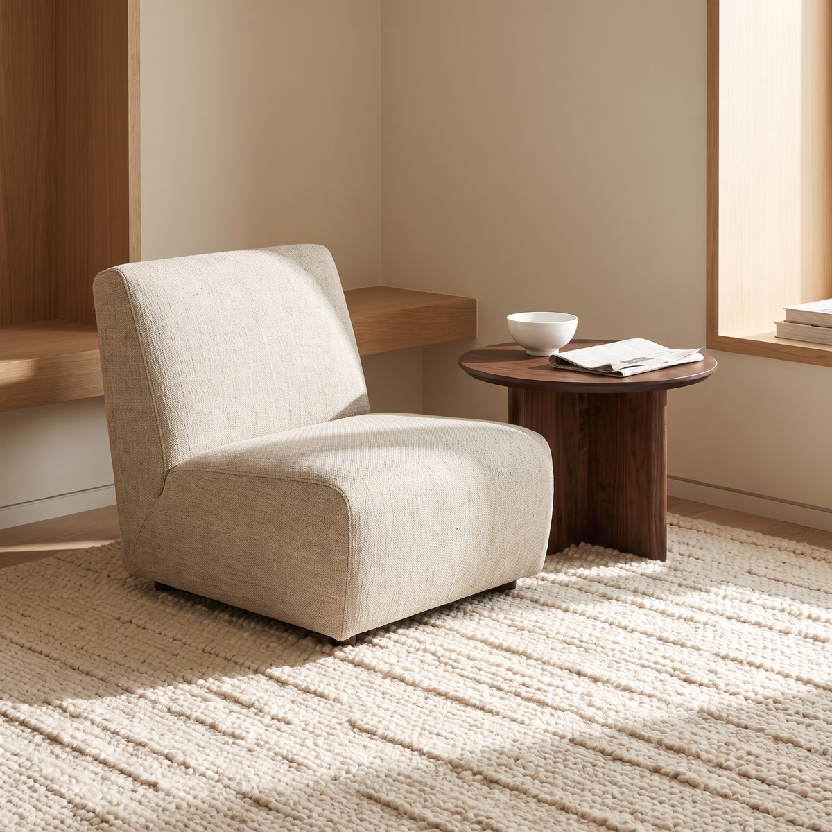 Dewvel reading nook with the Contour wool rug and Adler side table in morning light