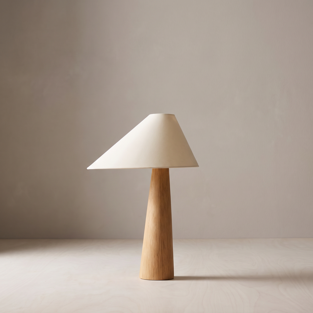 Mushi wood table lamp against a warm grey plaster wall
