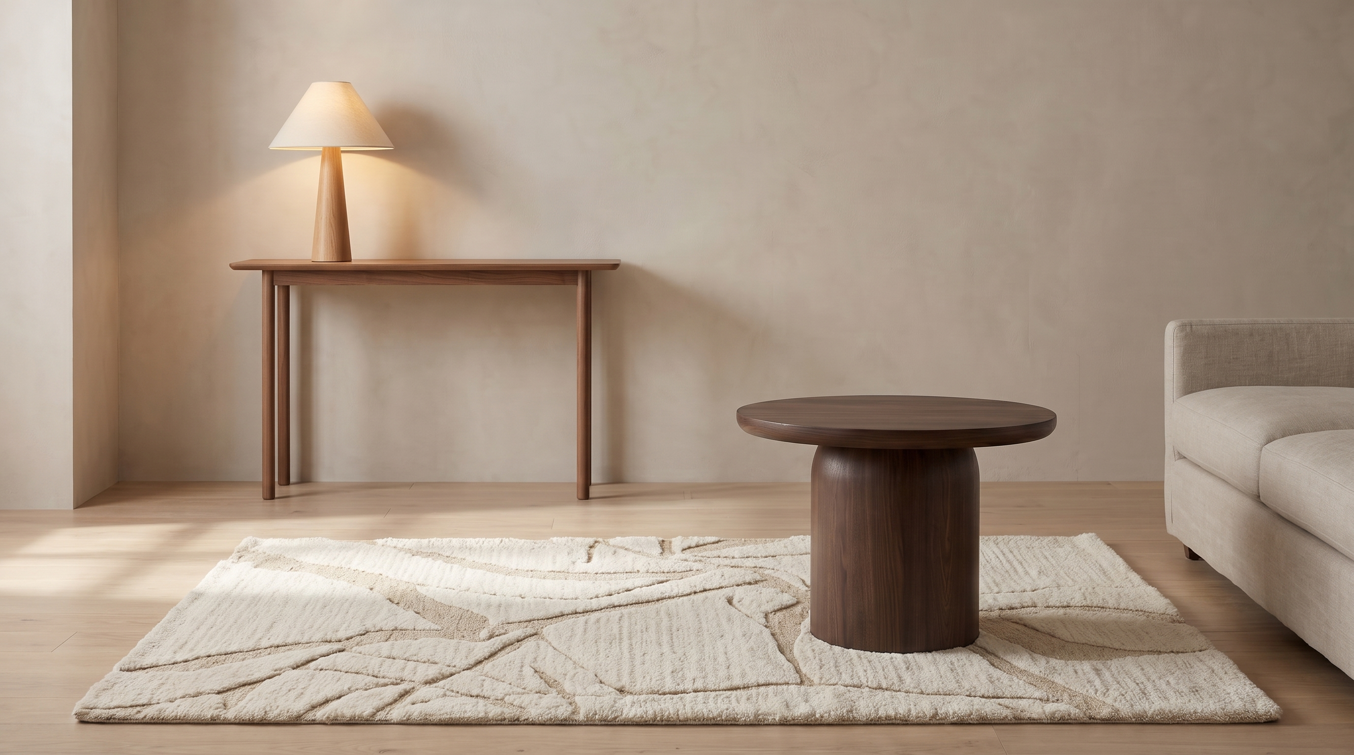Dewvel living room with the Mushi lamp, Adler dark walnut side table and Contour wool rug