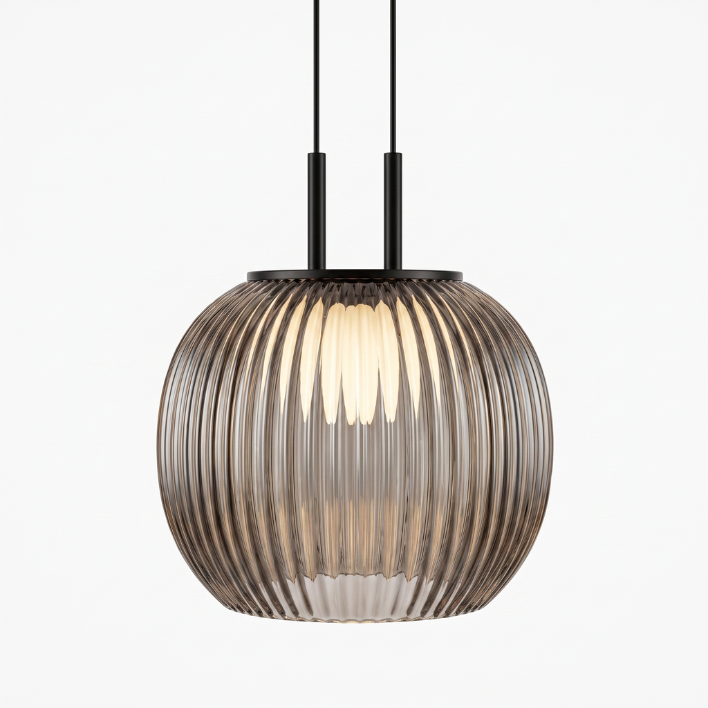Filano pendant light with ribbed glass shade on white background