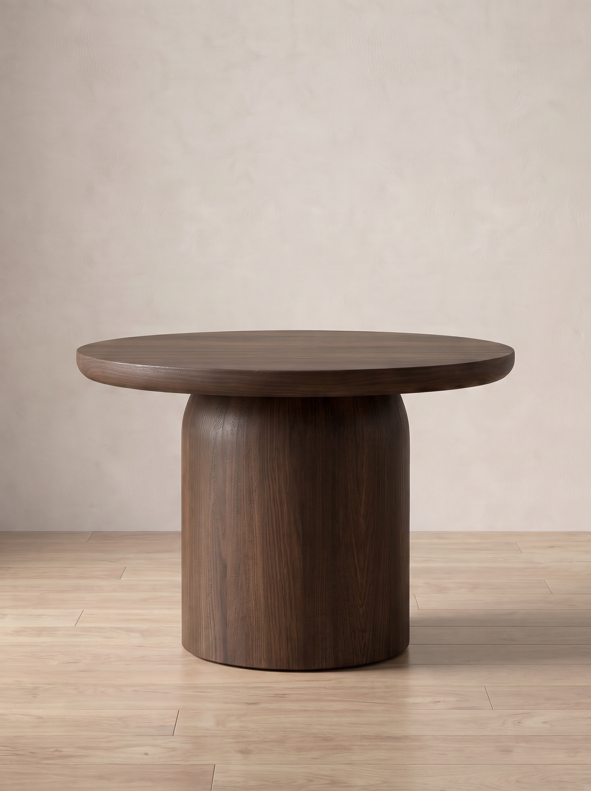 Adler dark walnut round side table straight on